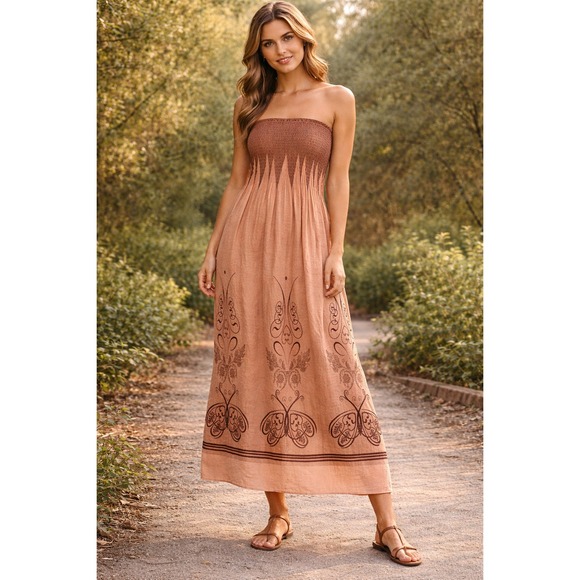 Anthropologie Dresses & Skirts - Lapis Anthropologie Midi‎ Dress One Size Copper Pink Boho Smocked Sleeveless